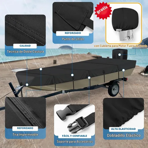 Vista 2 de Solim Funda para Barco Jon de 14 Pies con Cubierta para Motor, 1200D PU Impermeable Cubierta de Amarre de Servicio Pesado, Lona de Poliéster de Negro