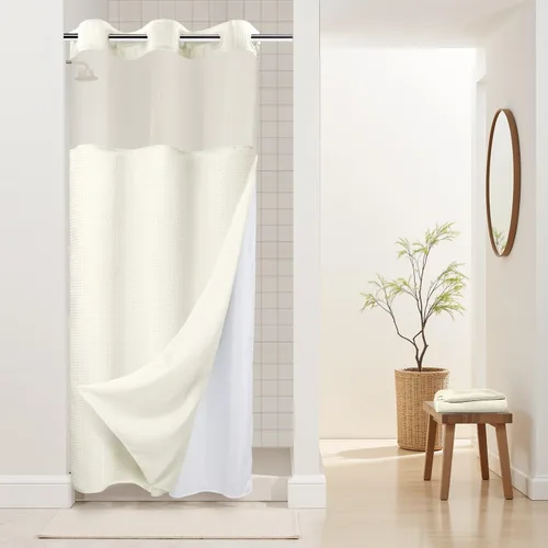 Vista 70 de Cortina de baño River Dream de gran peso sin ganchos necesarios con diseño de gofre punteado y forro a presión - 36W x 74H, de calidad hotelera