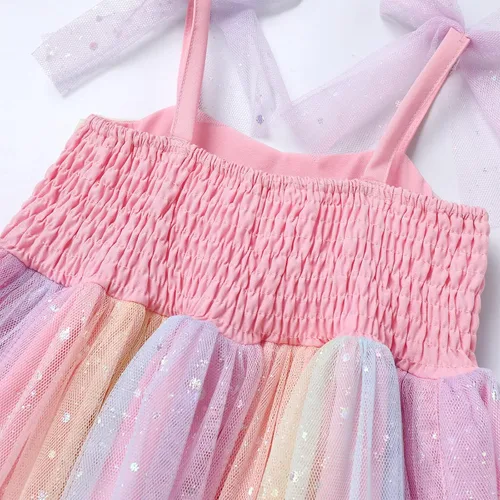 Vista 6 de IMEKIS Vestido de princesa de cumpleaños para niña pequeña, confeti brillante, bohemio, arco iris, pastel, sesión de fotos, traje para 1-6T