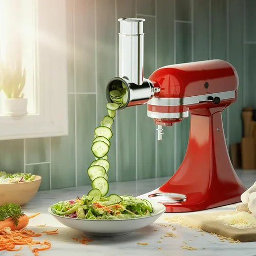 Vista 2 de Accesorio Rebanador Triturador de Acero Inoxidable para Batidora de Pie KitchenAid, Incluye Rallador de Queso, Polvo Molido, Rebanador Triturador