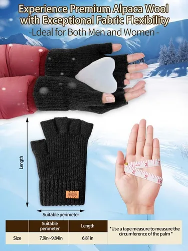 Vista 3 de Guantes de invierno sin dedos para mujeres y hombres, cálidos de lana de alpaca de punto elástico, para clima frío, guantes de medio dedo