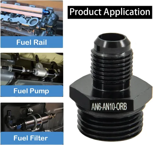 Vista 4 de 10AN Flare to 6AN ORB Macho O-ring Boss Bomba de combustible Rail Adaptador de riel de aluminio negro 2 unids
