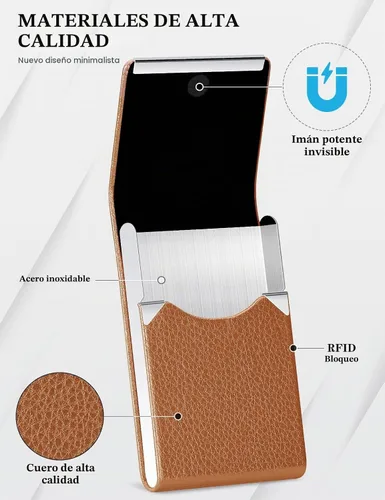 Vista 2 de Padike - Tarjetero de cuero para tarjetas de presentación, estuche metálico para tarjetas de nombre, tarjetero profesional delgado con cierre