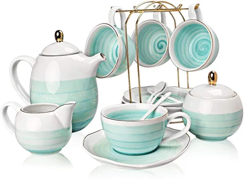 Vista 2 de SWEEJAR Juegos de té de porcelana y soporte de cerámica para tartas de 3 niveles SWEEJAR