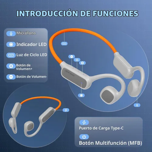 Vista 8 de vinamass Auriculares de Oreja Abierta, Auriculares de Conducción de Aire Bluetooth 5.4, Auriculares Inalámbricos con Cordón de Baliza LED, 10H