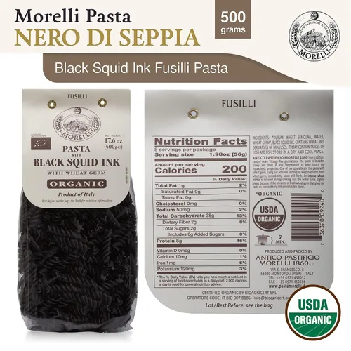 Vista 2 de Morelli Pasta de tinta de calamar Fusilli (Rotini) - Pasta orgánica italiana - Fideos de pasta negra - Sémola de trigo duro - Nero Di Seppia Hecho
