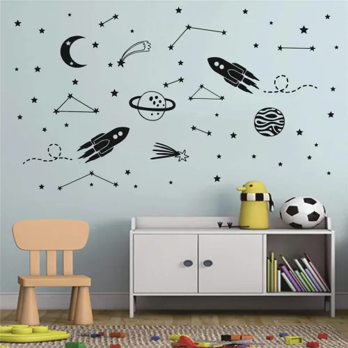 Vista 2 de Calcomanías de pared de cohete para niños, calcomanías de vinilo extraíbles con nave espacial, planetas, luna, estrellas y constelaciones