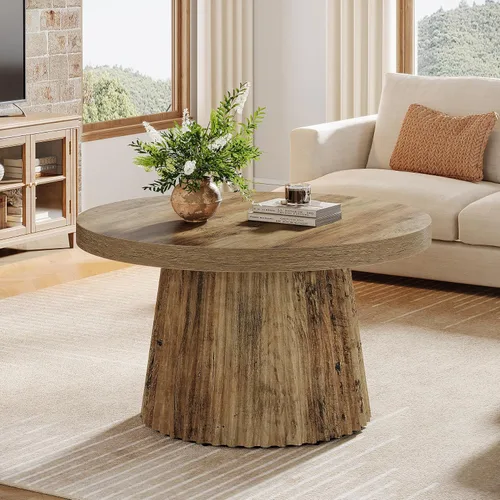 Vista 7 de Tribesigns - Mesa de café, mesa de café redonda pequeña de 31.5" de estilo granja con base de tambor estriada, mesa central de acento boho moderna