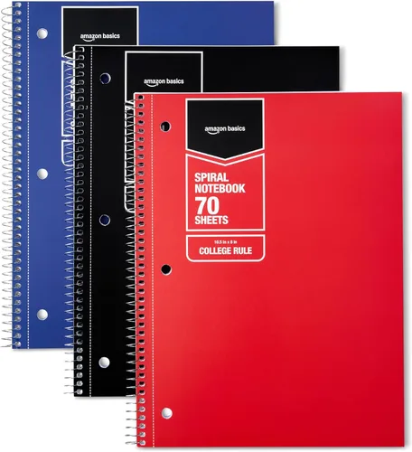 Vista 6 de Amazon Basics Cuadernos de espiral con rayas anchas, 70 hojas, 7-1/2 x 10-1/2 pulgadas, perforados, varios colores sólidos primarios, paquete de 3
