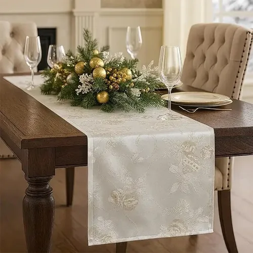 Vista 4 de Fennco Styles Royal De Noel - Camino de mesa jacquard con diseño navideño de 16 pulgadas de ancho x 36 pulgadas de largo, rojo