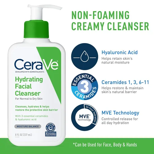 Vista 3 de CeraVe Set hidratante para el cuidado de la piel, crema hidratante de 8 onzas y limpiador facial hidratante de 8 onzas, ceramidas + crema hidratante