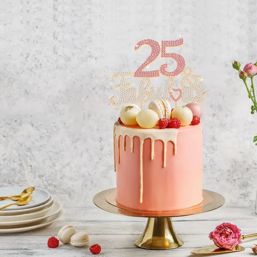 Vista 4 de 25 y fabulosa decoración de pastel de diamantes de imitación dorados y rosados – Feliz cumpleaños 25 años saluda a 25 años de edad, decoración