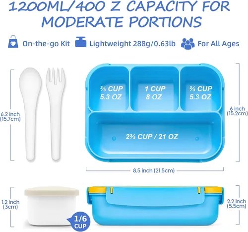 Vista 3 de Lonchera para niños, lonchera Bento para niñas y niños, para la escuela, contenedores de almuerzo para adultos y niños con 4 compartimentos