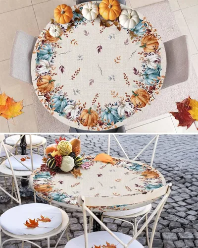 Vista 2 de Mantel ajustado para mesa redonda, mantel de otoño con hojas de otoño y calabaza de Acción de Gracias con borde elástico, mantel impermeable de Beige