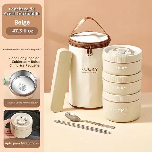 Vista 7 de Lonchera de acero inoxidable, caja bento aislada sellada de 3 niveles para mantener caliente para adultos, contenedor de alimentos térmico