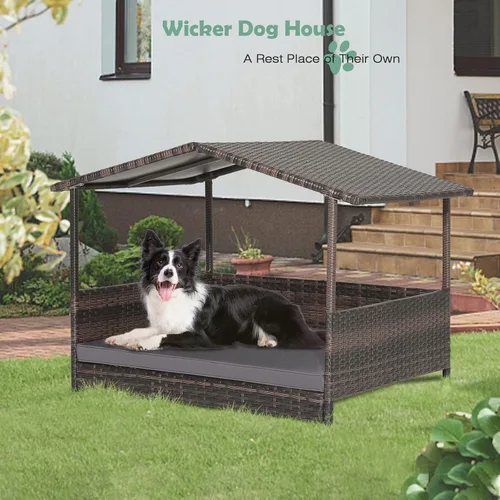 Vista 6 de Casa de cama de mimbre para perros, casas para perros de ratán de polietileno de alta densidad para interiores y exteriores, casa para mascotas