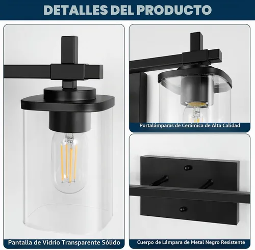 Vista 3 de 2 luces de tocador de baño, accesorios de luz de tocador negro mate sobre espejo, apliques de pared modernos con pantalla de vidrio transparente