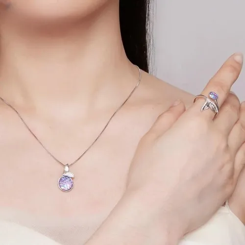 Vista 3 de 925 Sterling Silver Colorful Mermaid Fishtail Pendant Necklace And Opening Ring Jewelry Set for Women Birthday Jewelry, Blue Zirconia Mermaid Fish