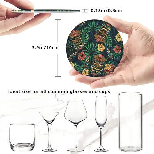 Vista 5 de Famame 6 posavasos hawaianos de cuero con hojas tropicales Tiki para bebidas con soporte, juegos de posavasos para mesa de bebidas, posavasos