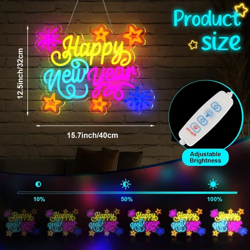 Vista 2 de Retisee - Letrero de neón de feliz año nuevo, luz LED alimentada por USB, letrero de neón de feliz año nuevo para decoración de pared