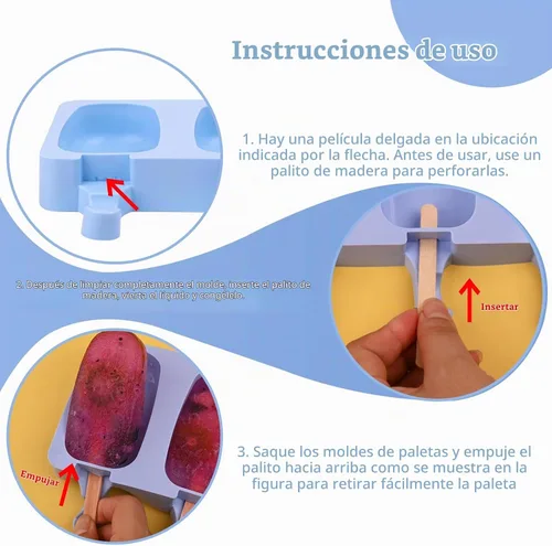 Vista 7 de WMKGG Juego de moldes de silicona para paletas, 2 piezas de moldes para helado con 50 palitos de madera para pastelitos, paletas de hielo, Azul