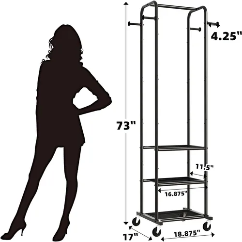 Vista 3 de Ekisemio Perchero de ropa resistente con ruedas, moderno perchero con 3 estantes de metal, color negro