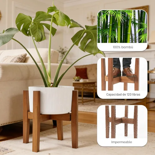 Vista 3 de Soporte de bambú natural para interiores, estante ajustable para plantas de interior que se adapta a macetas de 8 a 12 pulgadas, decoración moderna