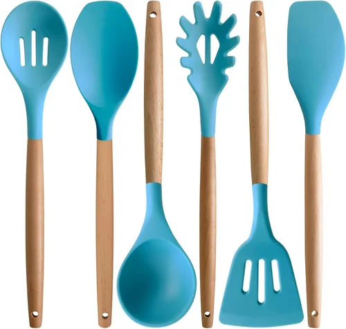Vista 14 de Juego de 4 utensilios de cocina de silicona, juego de utensilios de cocina grandes antiadherentes con mango de madera, grado alimenticio, resistente