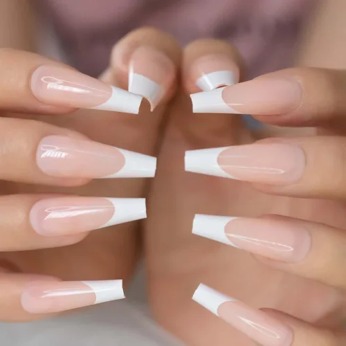 Vista 4 de Puntas de uñas largas tipo ataúd, puntas de uñas blancas a presión, uñas postizas artísticas francesas diseñadas con uñas de gel UV, uñas de salón
