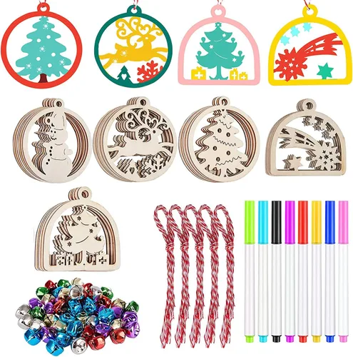 Vista 8 de Artmag 100 piezas de adornos colgantes de madera sin terminar de Navidad DIY, discos de madera redondos en blanco para manualidades, centros