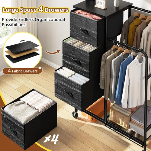 Vista 7 de Romorgniz Cómoda 3 en 1 con estante para colgar, 4 cajones de tela con doble perchero y ruedas, organizador alto de armario para dormitorio, Negro