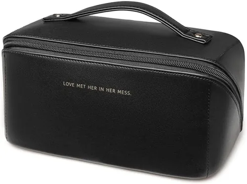 Vista 11 de 3 bolsas de maquillaje de viaje portátiles de gran capacidad para mujeres, estuche organizador de maquillaje plano abierto, bolsa organizadora