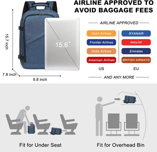 Vista 2 de Kono Mochila de transporte, mochila de viaje aprobada por aerolíneas, mochila impermeable debajo del asiento para vuelo, marino, Mochila casual