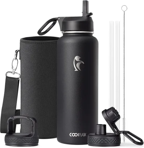 Vista 69 de Coolflask Botella de agua de 20 onzas aislada con pajilla, 3 tapas de metal de acero inoxidable, botella de agua de boca ancha para deportes u