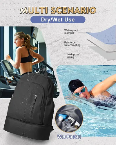 Vista 6 de Mochila de gimnasio para mujer, pequeña bolsa de gimnasio con compartimento para zapatos, mochila impermeable para deportes con bolsillo húmedo