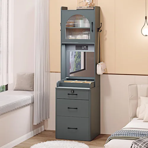 Vista 4 de Escritorio pequeño con espejo y luces, mesa de maquillaje gris con cajones para espacios pequeños, juego de tocador compacto de esquina mini