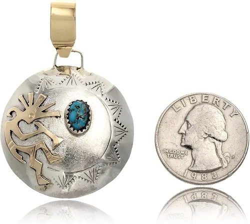 Vista 5 de $215Tag Kokopelli 12ktGF Plata Certificado Navajo Nativo Turquesa Colgante 17042-8 Hecho por Loma Siiva, Metal Piedra, Turquesa