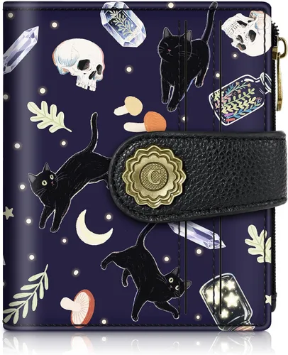 Vista 13 de Chelmon Cartera pequeña gótica para mujer, con bloqueo RFID, de piel sintética, plegable, para tarjetas de crédito, con ventana de identificación
