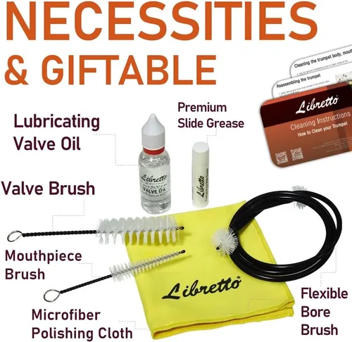 Vista 2 de Libretto Kit de cuidado todo en uno para trompeta (corneta) con instrucciones: aceite para válvula + grasa para deslizamiento + paño de limpieza +