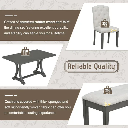 Vista 6 de Juego de mesa de comedor de 6 piezas estilo granja, mesa rectangular con soporte y 4 sillas tapizadas y banco, juego de muebles de cocina
