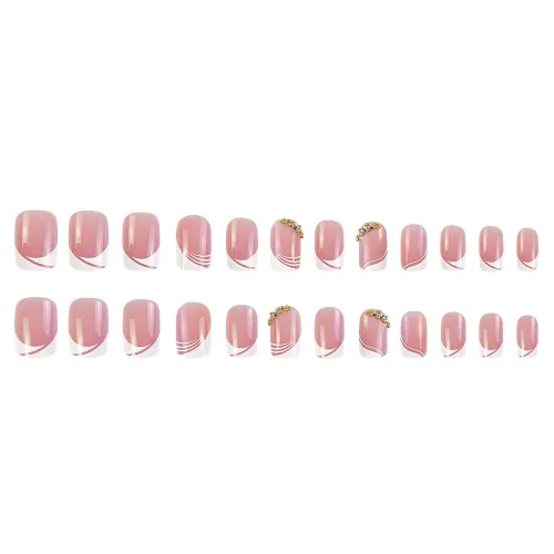 Vista 5 de LPOODDNU Uñas postizas cortas de punta francesa a presión, uñas postizas cuadradas, uñas acrílicas rosas con diamantes de imitación, puntas de uñas