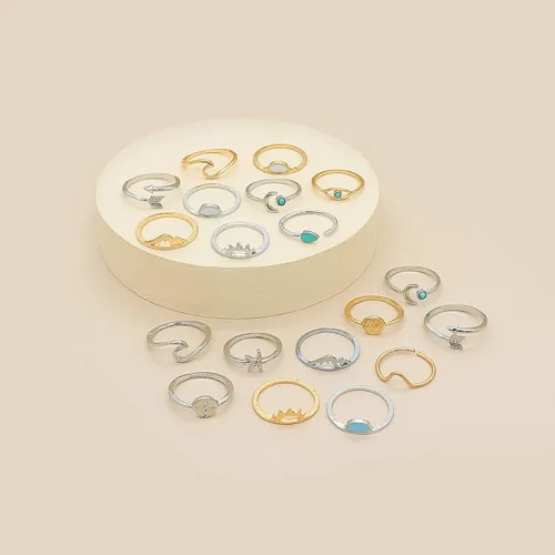 Vista 5 de FUTIMELY 19PCS Boho Turquoise Knuckle Stacking Rings for Women Girls Vintage Stackable Star Moon Wave Peak Sea Rhinestone Joint Midi Finger Rings Set