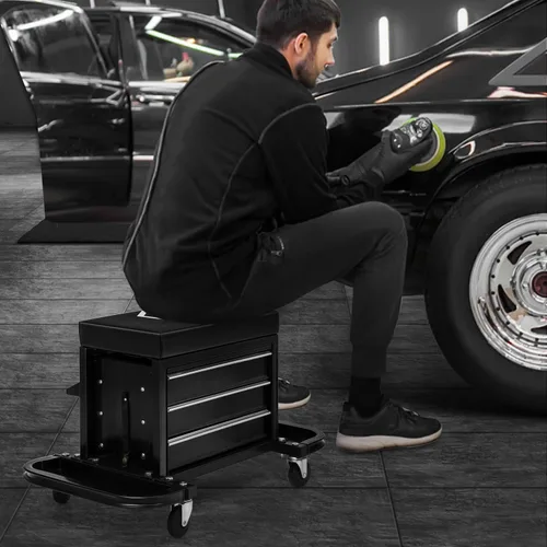 Vista 9 de M-AUTO Taburete Mecánico Rodante Taburete de Caja de Herramientas de Garaje Asiento de Cofre de Herramientas con Ruedas, Capacidad de 350 LBS