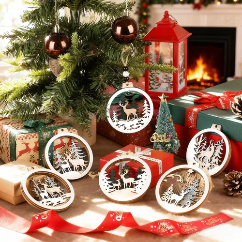 Vista 4 de 6 adornos de Navidad de madera con purpurina para árbol de madera de invierno del país de las maravillas, decoraciones colgantes de Feliz Navidad