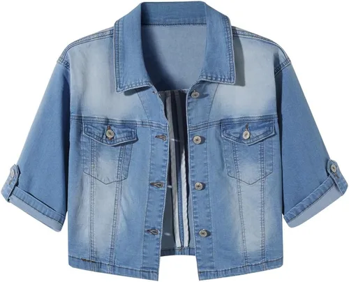 Vista 9 de Chaqueta de mezclilla de manga corta para mujer, con botones, chal elástico