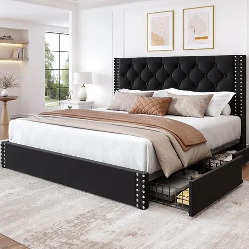 Vista 11 de LARMACE Base de cama tamaño matrimonial con 4 cajones de almacenamiento y cabecera copetada, base de cama tapizada en lino con listones de madera