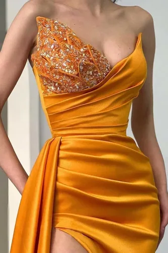 Vista 4 de Sirena lentejuelas con cuentas de satén vestidos de baile largo hendidura formal vestido de noche sin tirantes vestido de invitado de boda sin