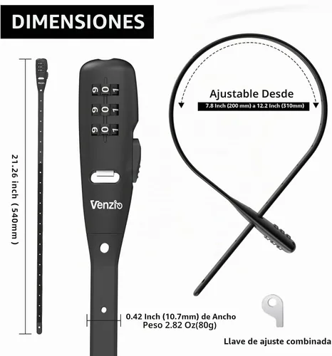 Vista 2 de Venzio Cerradura de combinación de 3 dígitos ajustable con cremallera para cables, 1 paquete