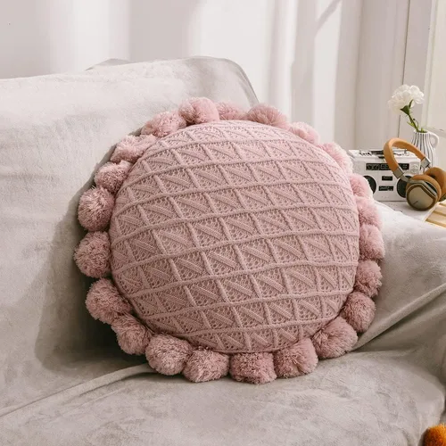 Vista 7 de vctops Lindos pompones de punto almohadas con inserto geométrico, cojín redondo suave para sofá cama (azul, diámetro de 20 pulgadas)