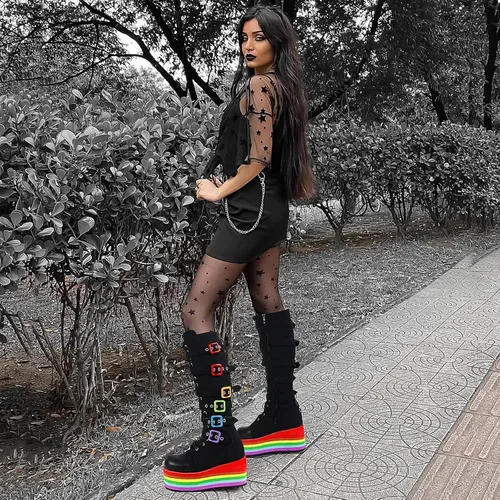 Vista 4 de VOMIRA Botas de combate de plataforma para mujer punta redonda góticas punk con cordones botas de motocicleta impermeables de tacón alto de media